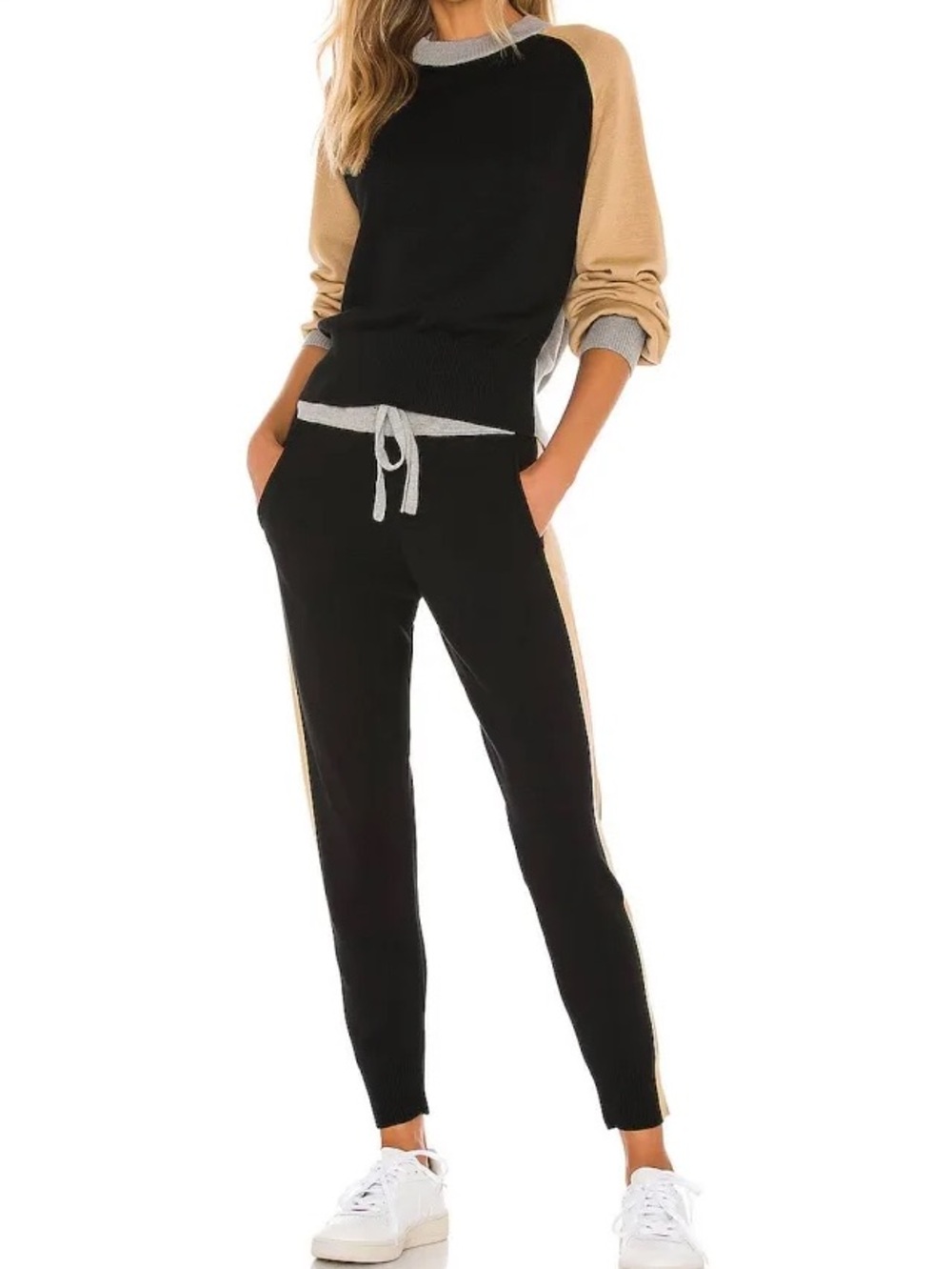 Monrow Black & Tan Colorblock Knit Lounge Suit M Top and S Bottom